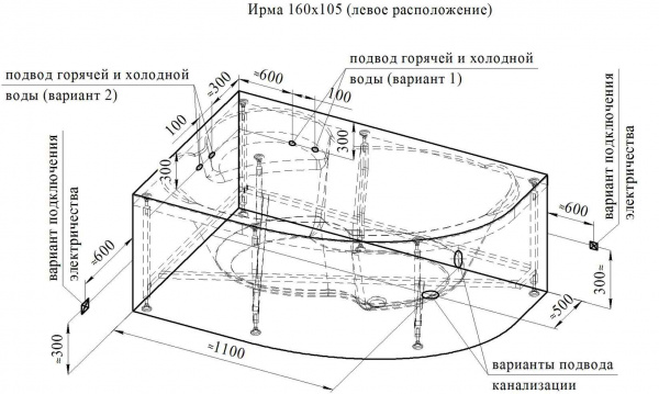 Гидромассажная ванна Wachter Ирма 160х105 (левосторонняя), фронтальная панель, полотенцедержатель, к