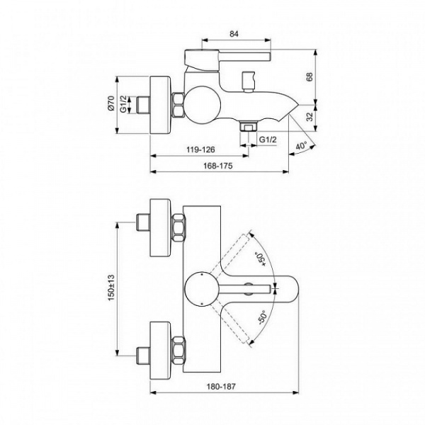 Настенный смеситель для ванны/душа Ideal Standard CERALINE, картридж 35 мм с функцией HWTC, белый, B