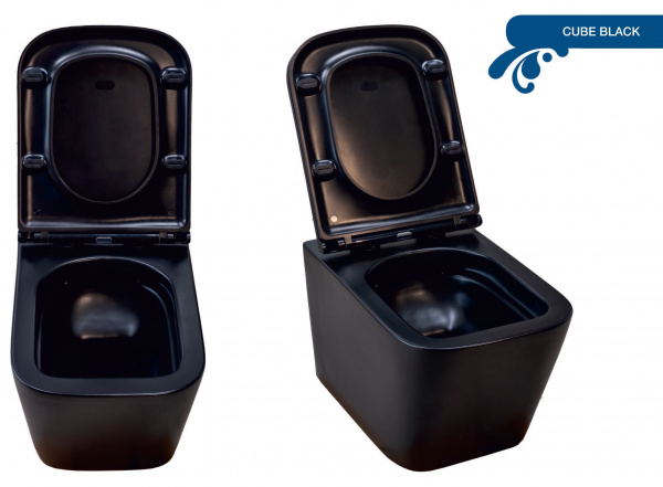 Унитаз подвесной Sole Куб черный 2 / Cube Black 2 безободковый с крышкой Soft-close