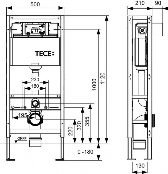 Инсталяция для унитаза TECEconstruct со сливным бачком Uni, на четырех опорах, высота установки 1120