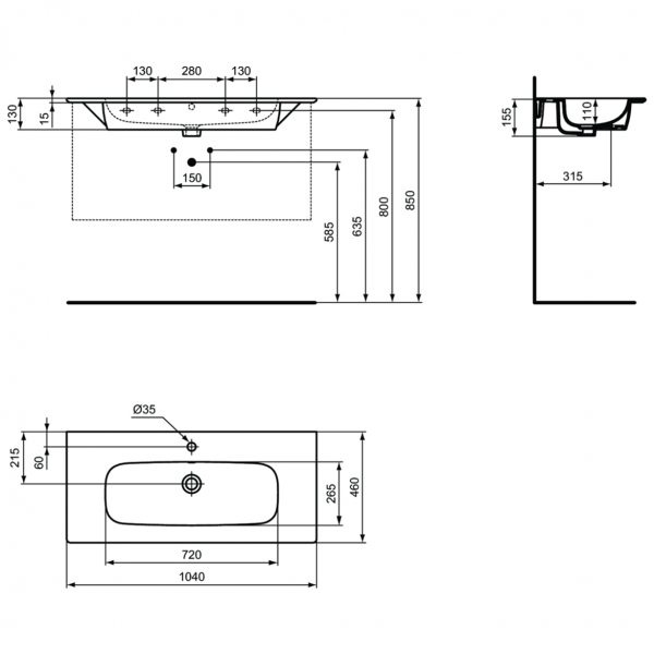 Раковина Ideal Standard i.life Vanity 104x46 см с отверстием под смеситель, T462101