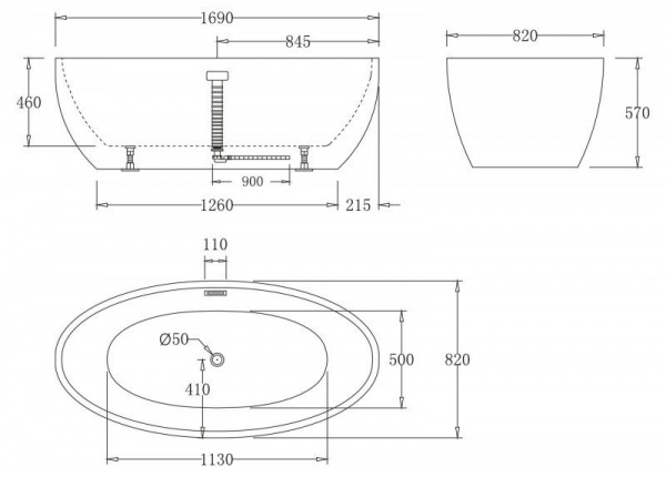 Ванна акриловая BelBagno 169*82 см, белая,  без перелива, BB69-1700-W0