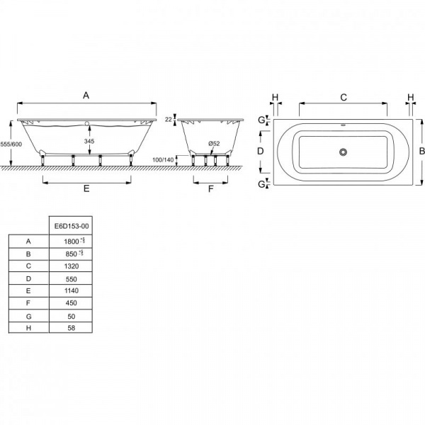 Ванна акриловая Jacob Delafon Odeon Rive Gauche 180X85, белая, E6D153-00