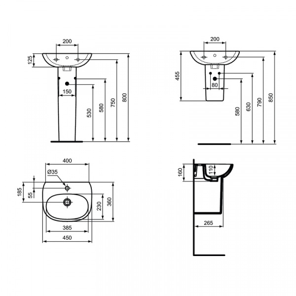 Раковина Ideal Standard TESI, 45 см, тонкий бортик, T352401