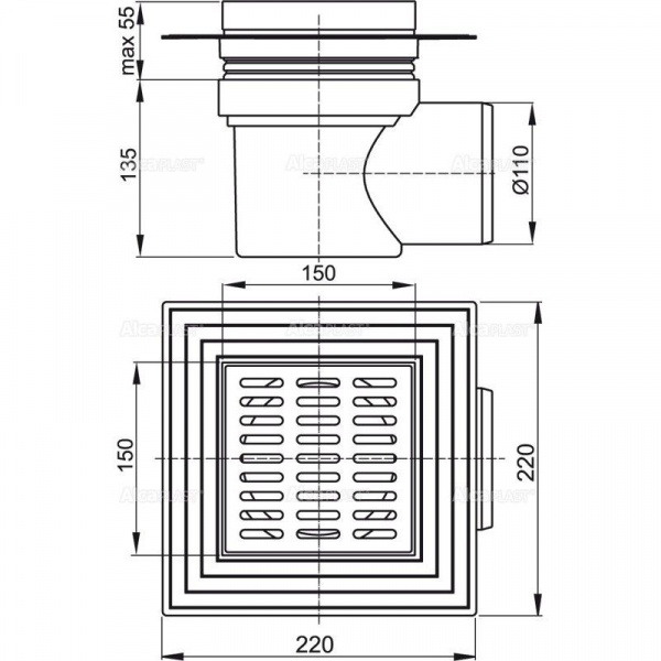 Сливной трап Alcadrain 150 × 150/110, подводка – боковая, решетка – нержавеющая сталь, APV12