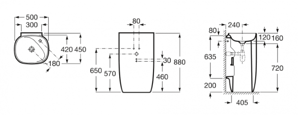 Раковина Roca BEYOND 500х450х880 мм, напольная, б/перелива, уст.комп., 7.3270.B.000.0