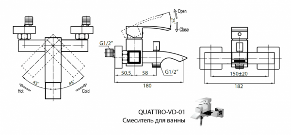 Смеситель для ванны и душа Cezares QUATTRO-VD, QUATTRO-C-VD-01
