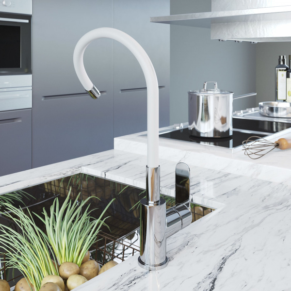 Смеситель для кухни Avrora Kitchen с высоким гибким изливом серый, AV9002G